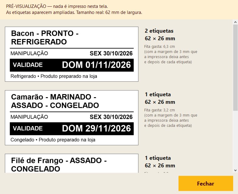 Prévia de etiquetas de validade de produtos de exemplo, com data de manipulação e validade